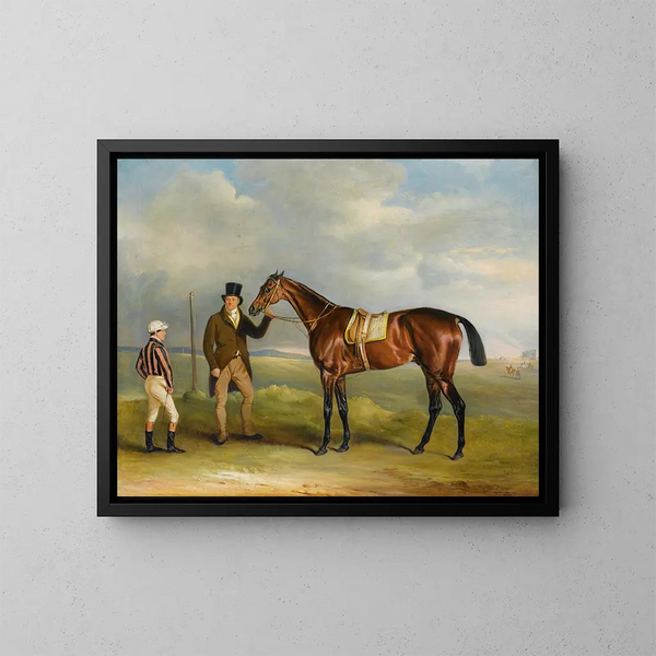 El coro del marqués de Cleveland, vencedor del St Leger de 1831, llevado por su entrenador John Smith con el jinete John Bartham, día en Doncaster - John Ferneley — cuadro enmarcado en la pared