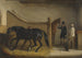 a dark brown and a hunter chestnut painting with a hunter and other figures in a stable - John Ferneley Jr — artwork view