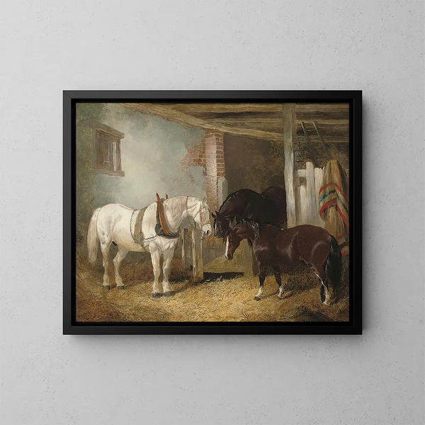 Tres caballos en un establo alimentándose de un pesebre - John Frederick Herring Jr. — cuadro enmarcado en la pared