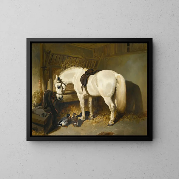 a gray pony in a stable with ducks - John Frederick Herring the Elder — framed artwork on a wall