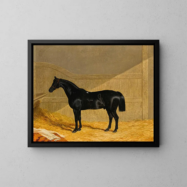 a black horse in a stable - John Frederick Herring the Elder — framed artwork on a wall