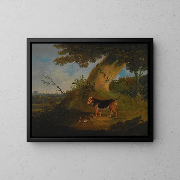 Black and fire terrier with a reported rabbit - John Frederick Herring the Elder — framed artwork on a wall
