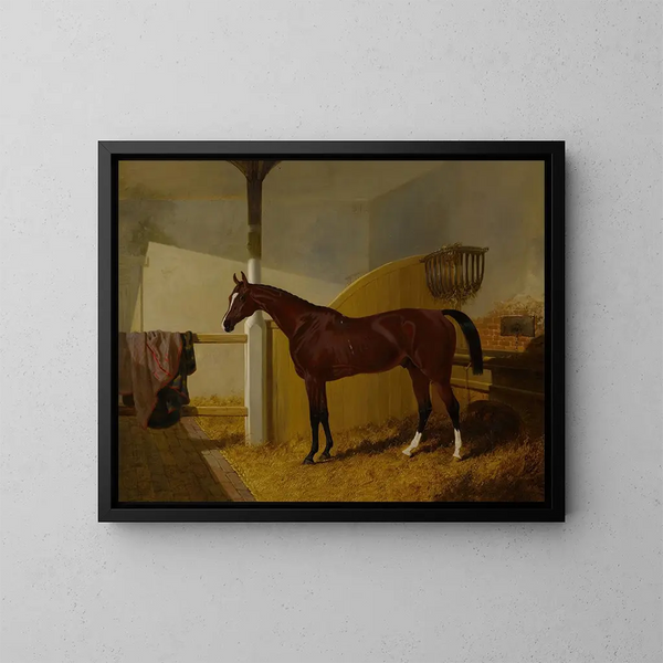 Orlando by Colonel Peel in a stable - John Frederick Herring the Elder — framed artwork on a wall