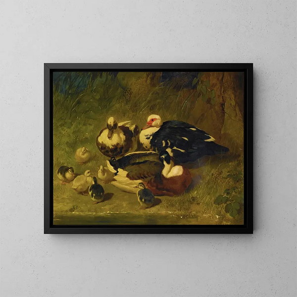 Muscovy ducks and ducklings - John Frederick Herring the Elder — framed artwork on a wall