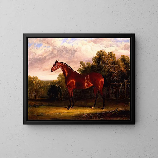 Negotiator, a bay horse in a landscape - John Frederick Herring the Elder — framed artwork on a wall