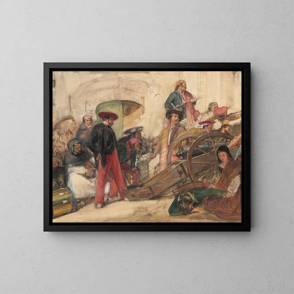 Spanish Battle Scene: The Proclamation of Don Carlos - John Frederick Lewis — framed artwork on a wall