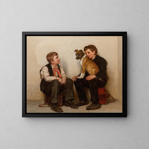 Dos niños enceradores de zapatos con un perro - John George Brown — cuadro enmarcado en la pared