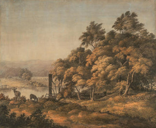 John Glover - An extensive river landscape with donkeys.webp