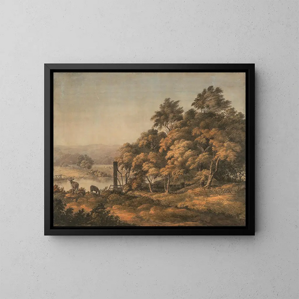 Un vasto paisaje fluvial con burros - John Glover — cuadro enmarcado en la pared