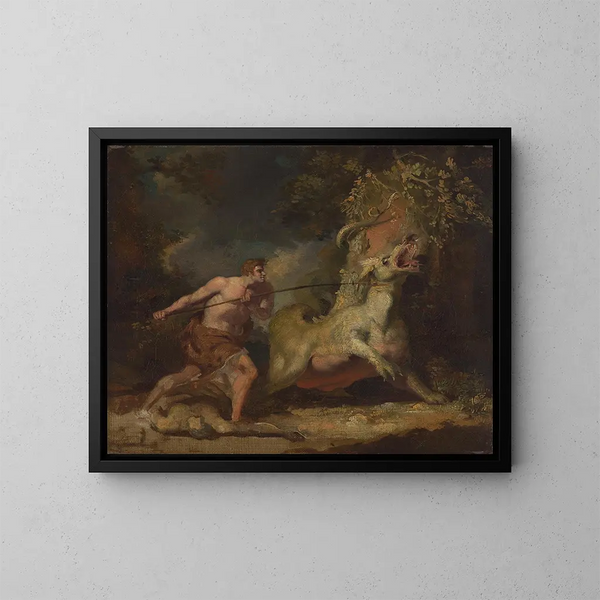 Hombre atacando a un monstruo - John Hamilton Mortimer — cuadro enmarcado en la pared