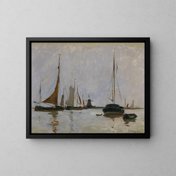 Tranquil Harbor Painting in the Netherlands - John Henry Twachtman — framed artwork on a wall