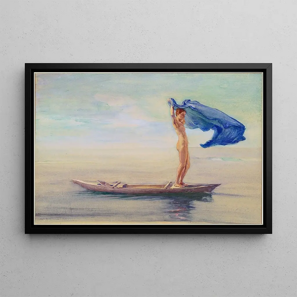 la niña en la proa de una canoa desplegando su pareo como vela, Samoa - John La Farge — cuadro enmarcado en la pared
