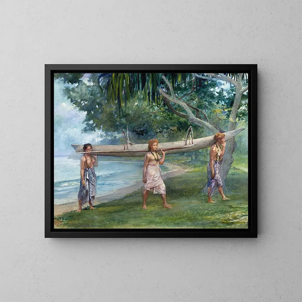 de chicas llevando un canoa en Vaiala, Samoa - John La Farge — cuadro enmarcado en la pared