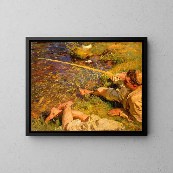 Val d'Aoste, an man fishing - John Singer Sargent — framed artwork on a wall