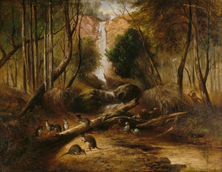John Skinner Prout - Bush landscape with waterfall and an aborigine stalking native animals New South Wales.webp
