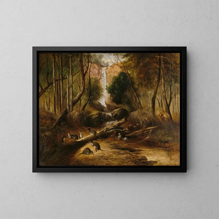 John Skinner Prout - Bush landscape with waterfall and an aborigine stalking native animals New South Wales.webp