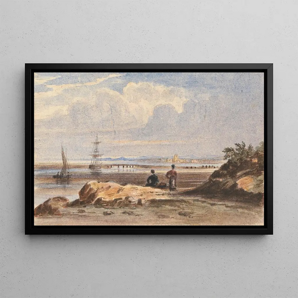 Rivage with two figures and a distant city - John Varley — framed artwork on a wall