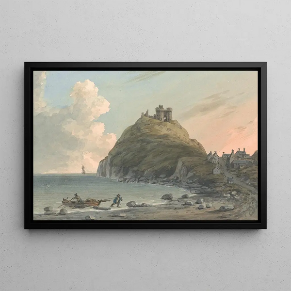 Ruinas del castillo de Criccieth y parte de la ciudad en la bahía, vista este de Caernarfonshire - John Warwick Smith — cuadro enmarcado en la pared