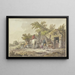 Cavalier with dog at a water point, on the right a man kisses a girl - John Webber — framed artwork on a wall