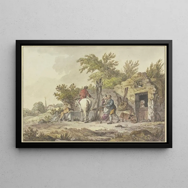 John Webber - Rider with dog at a watering place on the right a man embraces a girl.webp