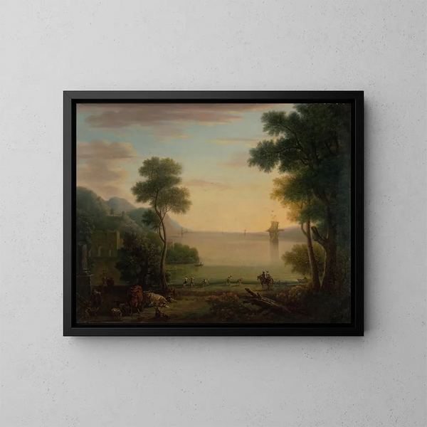 Paisaje clásico con figuras y animales al atardecer - John Wootton — cuadro enmarcado en la pared