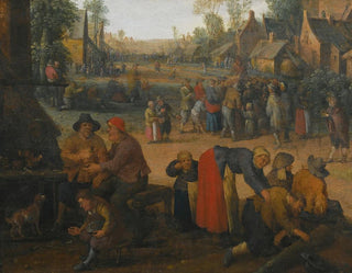 Joost Cornelisz Droochsloot - A village scene with numerous peasants and a travelling merchant.webp