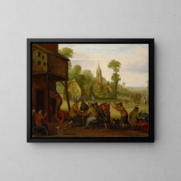 the peasants feasting in front of an inn - Joost Cornelisz Droochsloot — framed artwork on a wall