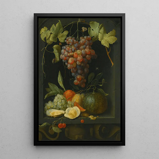 Joris van Son - Still life with grapes a melon an orange plums and oysters in a stone niche.webp