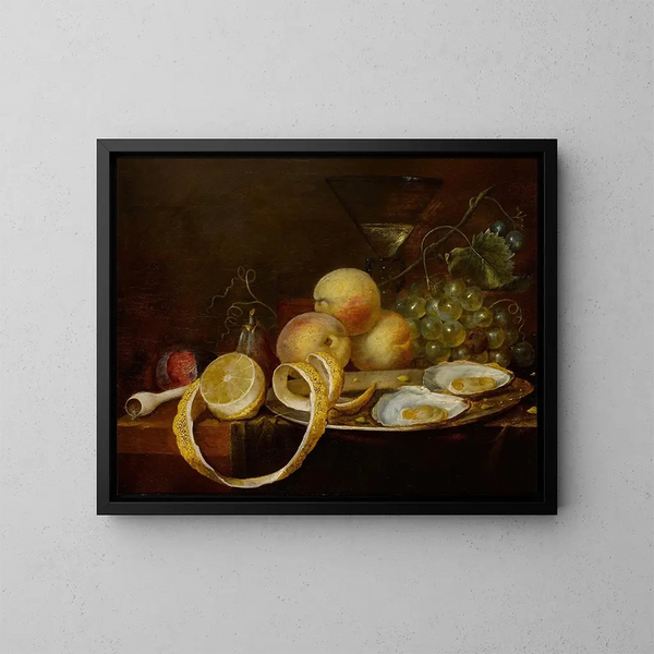 naturaleza muerta sobre mesa con dos ostras en un plato de estaño, un vaso de vino, un limón parcialmente pelado y una variedad de frutas - Joris van Son — cuadro enmarcado en la pared