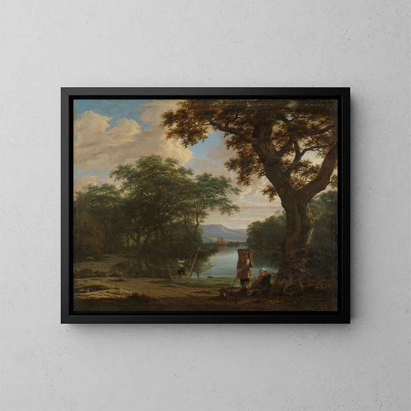 Paisaje con un pescador y una red cuadrada - Joris van der Haagen — cuadro enmarcado en la pared