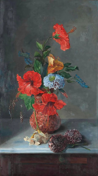 Jos Mara Bracho Murillo - Hibiscus Freesias Dahlias and Bluebells on a marble topped sideboard.webp
