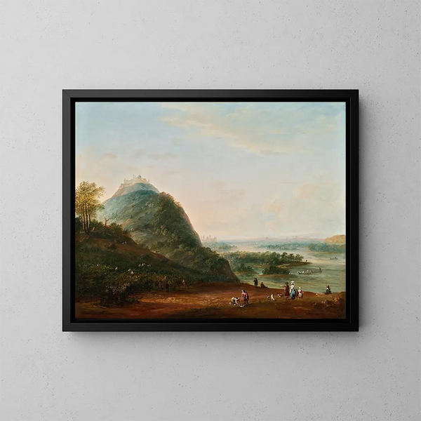 Wine Harvest Painting near Vienna with view of Klosterneuburg, Leopoldsberg, Bisamberg, and Korneuburg - Josef Heideloff — framed artwork on a wall