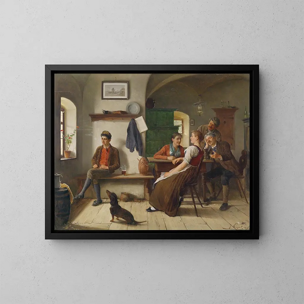 En la sala de los campesinos - Josef Kinzel — cuadro enmarcado en la pared