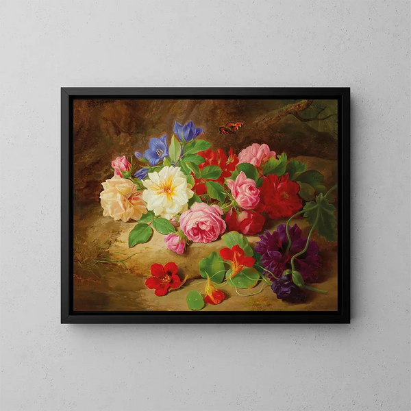 Un sous-bois avec des roses et un papillon - Josef Lauer — cuadro enmarcado en la pared