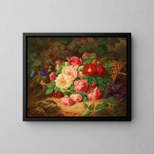 Un sous-bois avec une nature morte de roses et de papillons - Josef Lauer — cuadro enmarcado en la pared