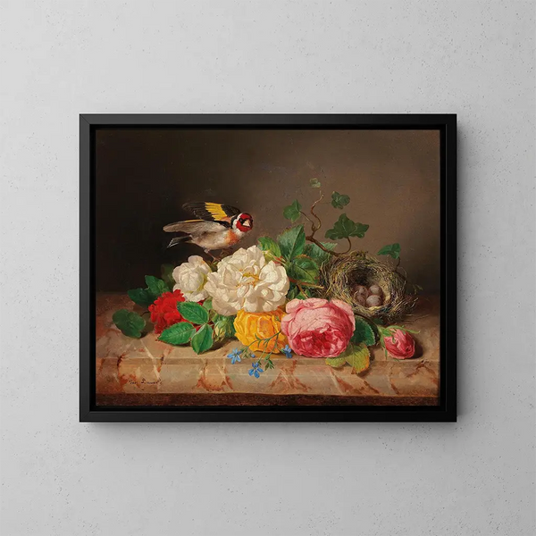Rosenstock con jilgueros y nido de pájaros - Josef Lauer — cuadro enmarcado en la pared