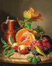 a Still life on a marble tray with a pumpkin, grapes, a peach, and a canary - Josef Lauer — artwork view