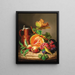 a Still life on a marble tray with a pumpkin, grapes, a peach, and a canary - Josef Lauer — framed artwork on a wall
