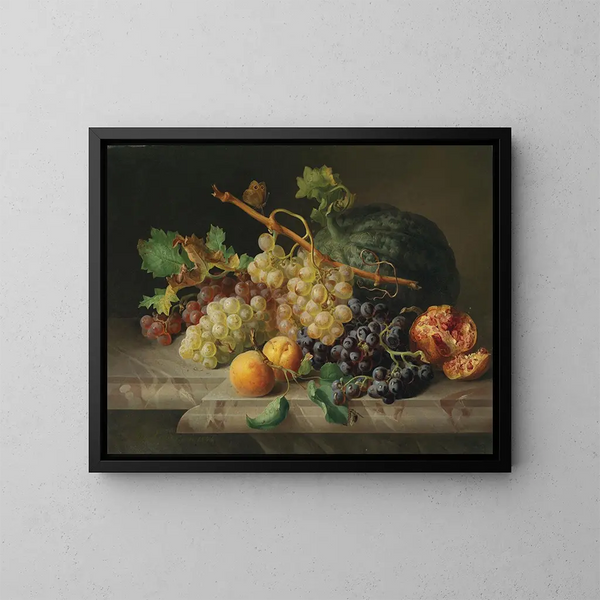 naturaleza muerta con granada, uvas y melón - Josef Lauer — cuadro enmarcado en la pared