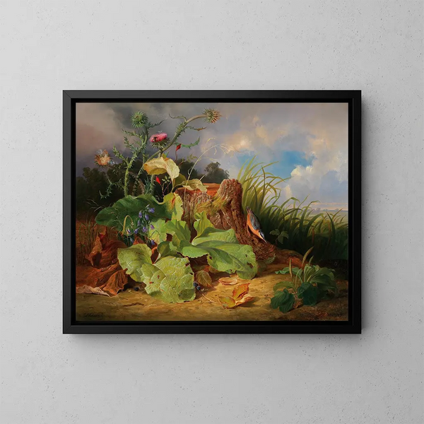 naturaleza muerta con cardos, campánulas, rosa mosqueta y un carbonero - Josef Schuster — cuadro enmarcado en la pared