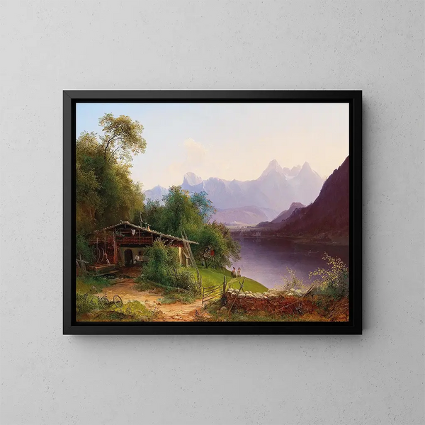 Vista del lago Zell con Steinernes Meer y el castillo de Prielau en el fondo - Josef Schwemminger — cuadro enmarcado en la pared