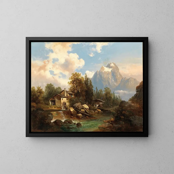 Un molino junto a un río de montaña con en el fondo la cordillera de Dachstein - Josef Thoma — cuadro enmarcado en la pared