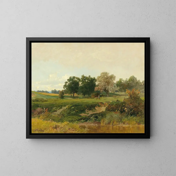 Paisaje con mujer recogiendo leña - Josef Willroider — cuadro enmarcado en la pared