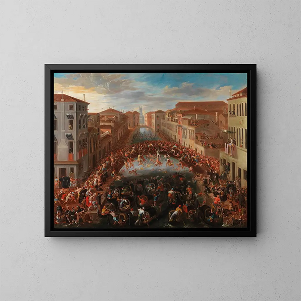 La Batalla de los puños en el puente de San Barnaba en Venecia - Joseph Heintz el Joven — cuadro enmarcado en la pared