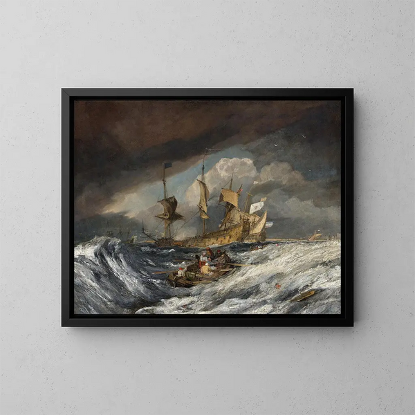 Bateaux transportant des ancres vers les vaisseaux de guerre néerlandais - Joseph Mallord William Turner — framed artwork on a wall