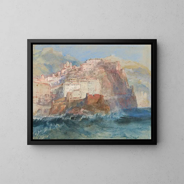 Gênes view of the sea with the church of Santa Maria Assunta at Carignano - Joseph Mallord William Turner — framed artwork on a wall