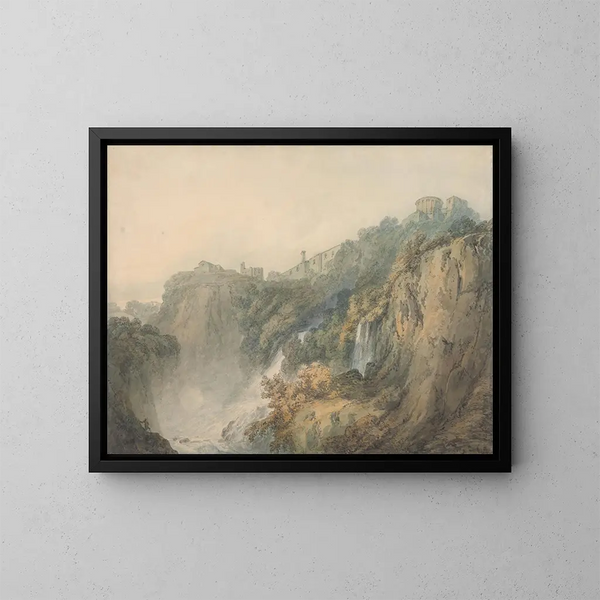 Tivoli painting with the Temple of Sibyl and waterfalls - Joseph Mallord William Turner — framed artwork on a wall