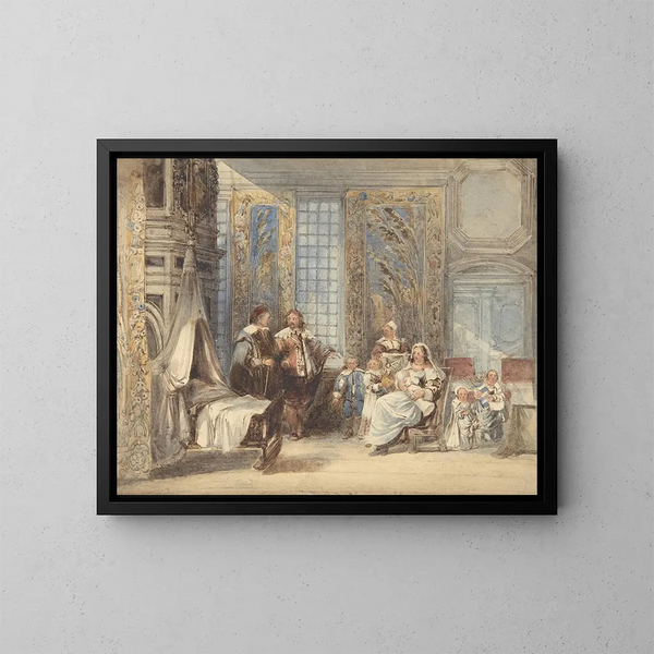 Escena familiar y de invitados en un interior del siglo XVII - Joseph Nash — cuadro enmarcado en la pared