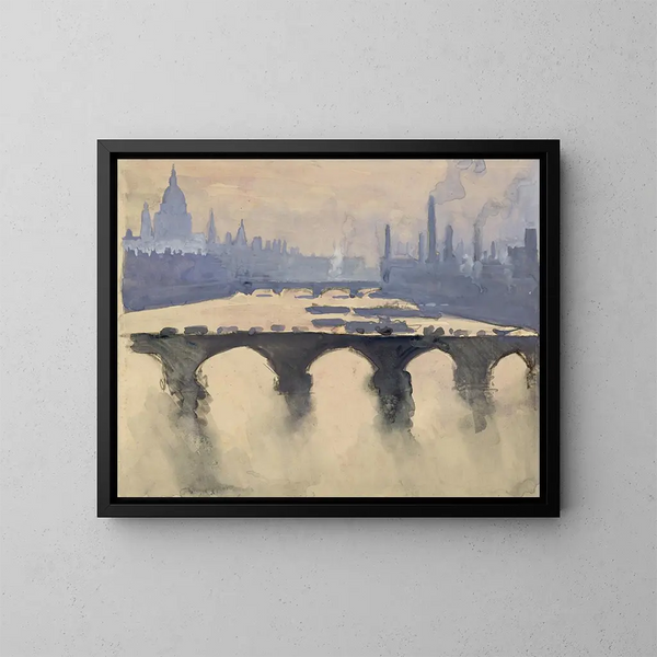 my London window painting, domes, spires and chimneys, fog and smoke - Joseph Pennell — framed artwork on a wall