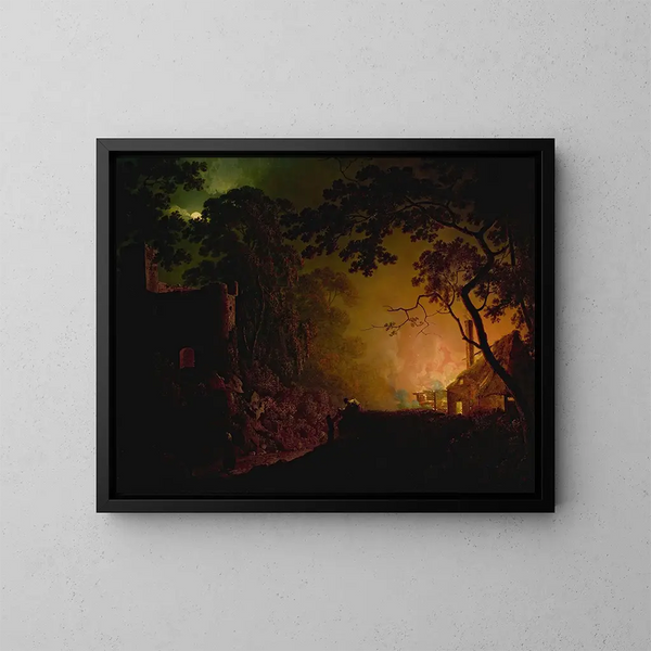 Una cabaña en llamas por la noche - Joseph Wright de Derby — cuadro enmarcado en la pared